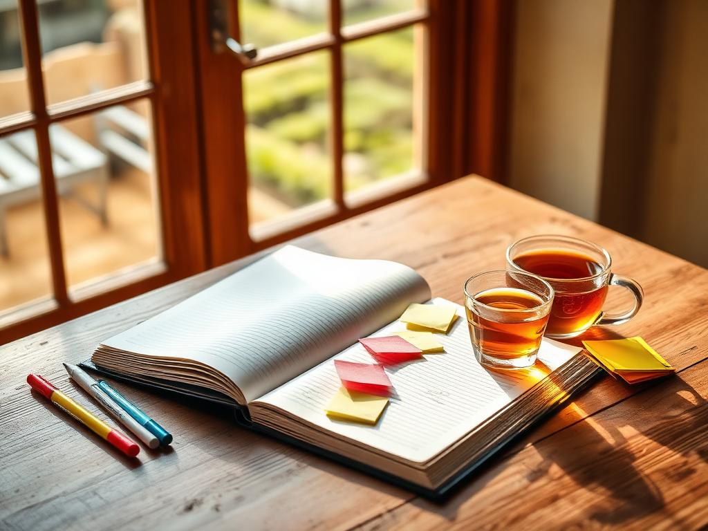 Offenes Notizbuch mit Stiften und Tee am sonnigen Fenster