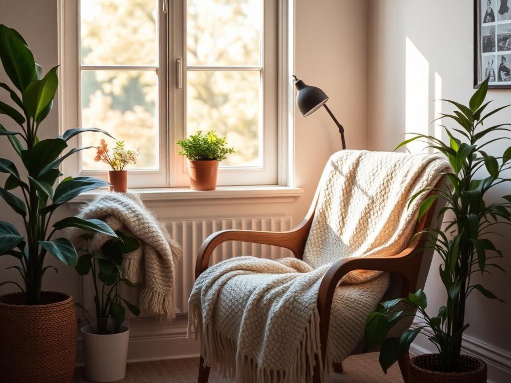 Gemütlicher Leseplatz mit Sessel und warmem Licht